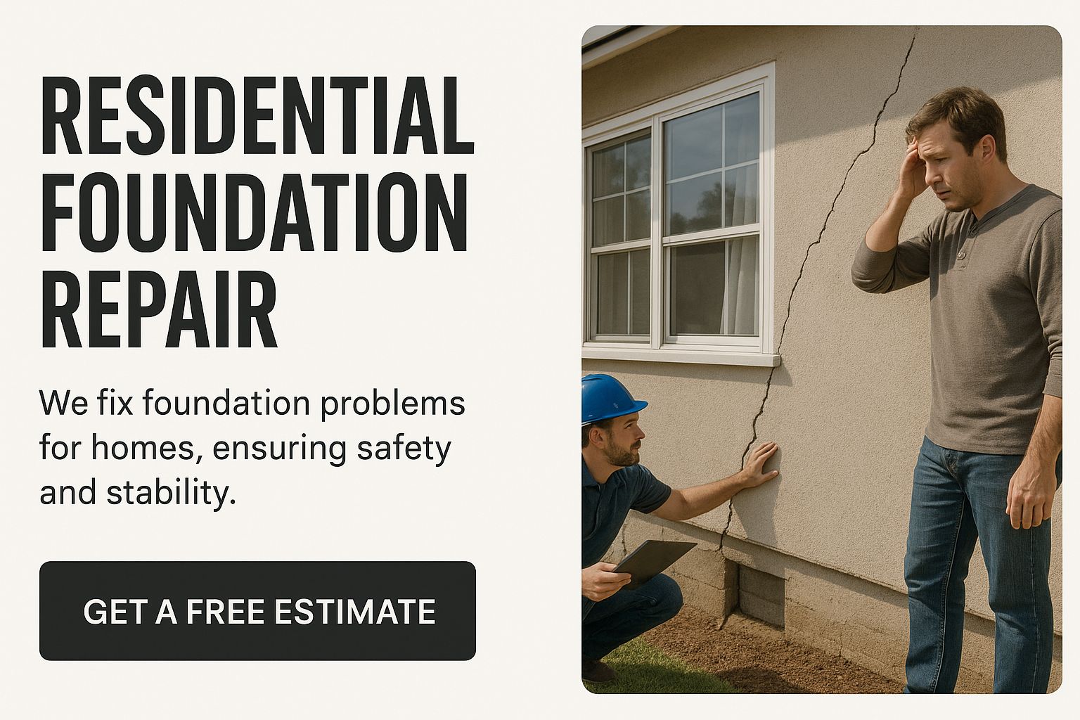 Foundation repair expert inspecting large crack in home exterior wall while concerned homeowner looks on
