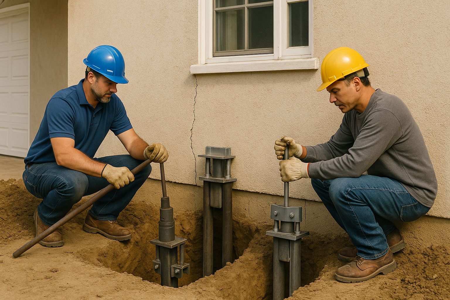 Professional foundation repair specialists installing foundation supports at residential home